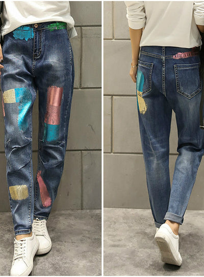 High Waist Loose Pants Denim Jeans Floral Print