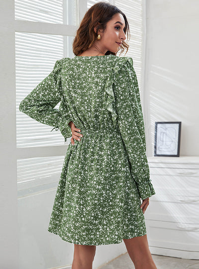 V-neck High Waist Floral Stitching Print Dress