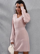Women V-neck Long Sleeve Sweater Dress