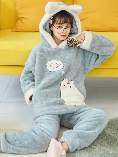 Pink Cat Cute Coral Fleece Thickened Hooded Cartoon Clothes