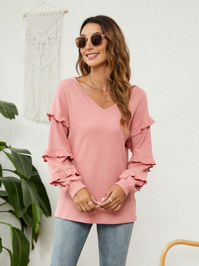 Women V-neck Lantern Sleeve Top