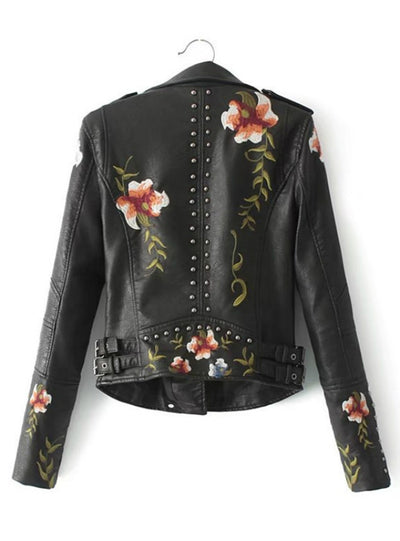 Women Embroidery Faux Leather PU Jacket