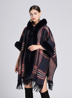 Rex Rabbit Fur Collar Hooded Shawl Cloak Ladies Woolen Coat