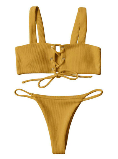 Lace Up Ribbed Texture Bikini Low Waist Wire 