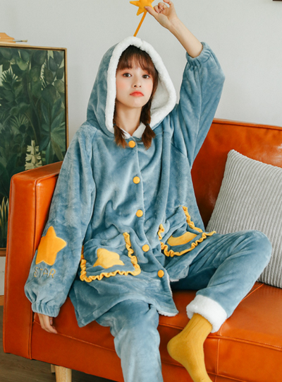 Pink Pocket Star Moon Long Sleeve Winter Sleepwear