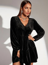 V-neck Solid Color Long Sleeve Velvet Mini Dress