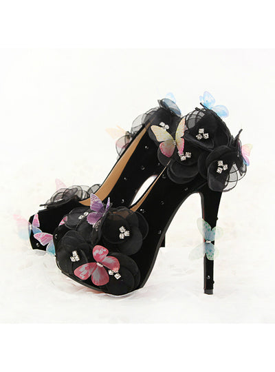 Black Butterfly Flowers Bridal Shoes Stiletto Heels