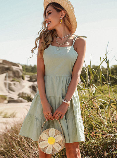 Exposed Back Folds Cotton-linen Suspender Dress