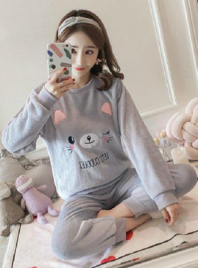 Women Cat Velvet Long Sleeve Pyjamas Sets