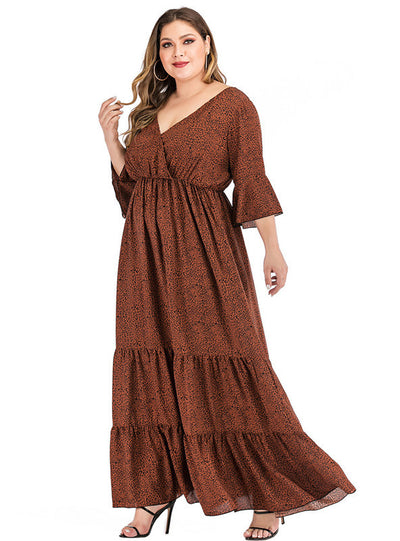 Leopard Print V-neck Trumpet Sleeve Big Swing Dress