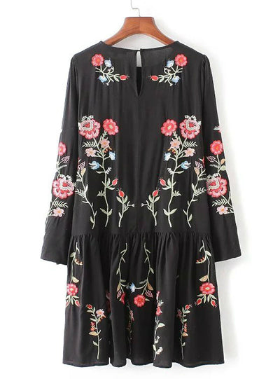 Women Floral Embroidered Dress Long Sleeve