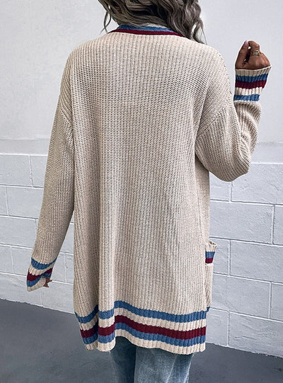 Contrast Striped Pocket Cardigan Sweater Coat