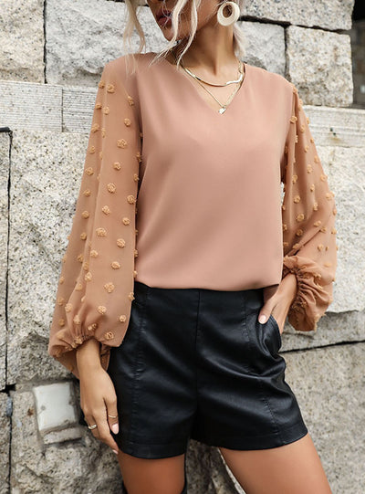 V-neck Long Sleeve Perspective Jacquard Shirt