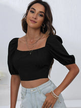 Square Neck Solid Color Backless T-shirt