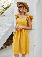 Yellow Flared Sleeves Backless Knotted Midi Dress