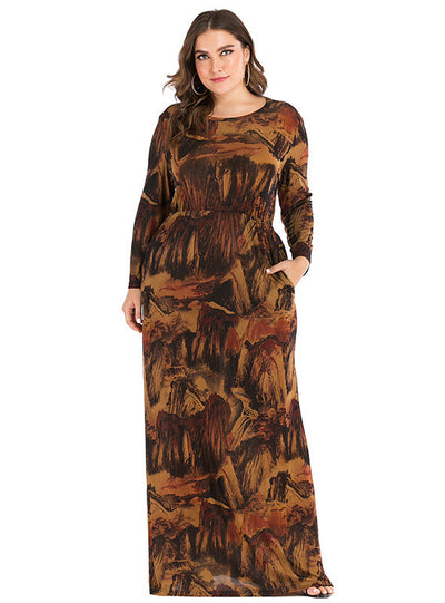 Retro Round Neck Printed Long Sleeve Pocket Dress