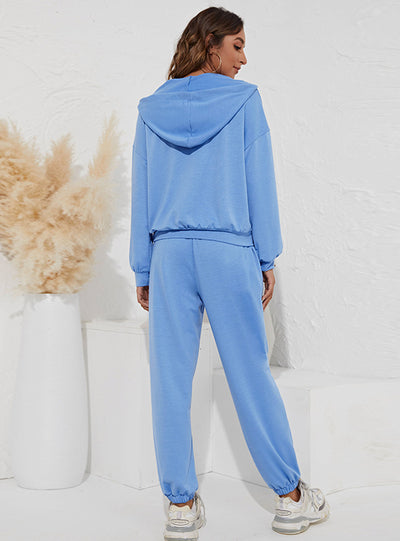 V-neck Hooded Top Pant Two-piece Suit