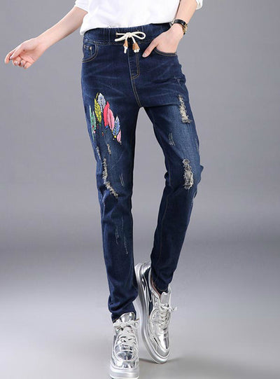 Jeans Floral Print Women Boyfriend Pencil Pants