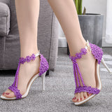 Beaded Thin Heel Fish Mouth Roman Sandals