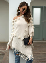 Fringe Fur Ball Beaded Round Neck Sweater Cloak