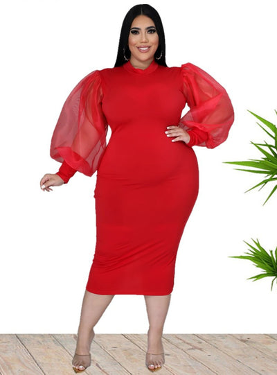 Round Neck Slim Puffy Sleeve Long Dress