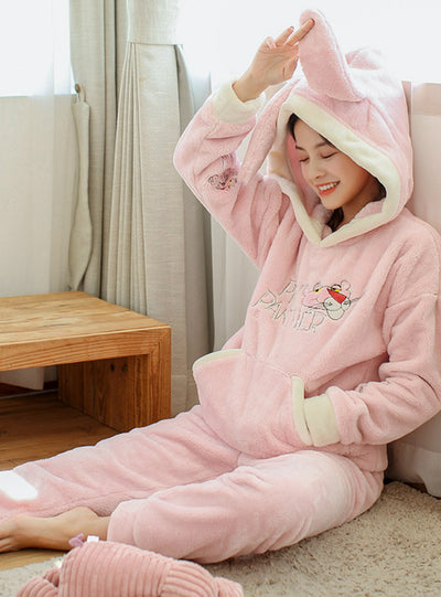 Pink Hooded Leopard Fur Pajamas Women Winter Flannel