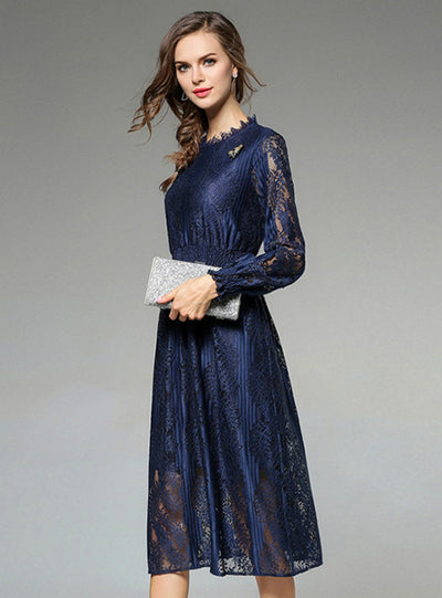 Lace Dress Dark Blue Elastic Midi Dress Party Dress 