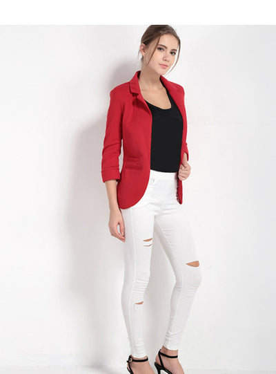 Notched Office Work Open Front Blazer Outfits 