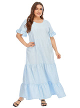 Round Neck Sleeve Hollow Blue Swing Dress