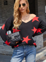 Women V-neck Five-pointed Star Sweater