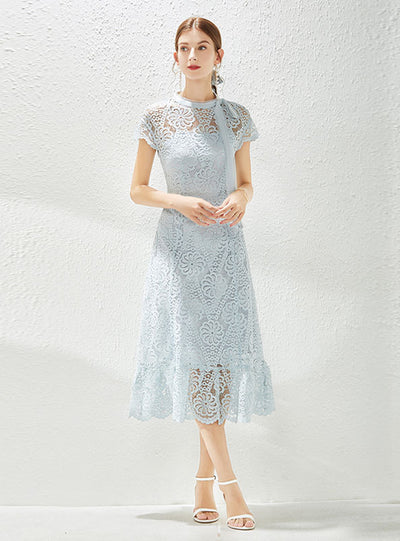 Women Blue Lace Cap Sleeve Dress