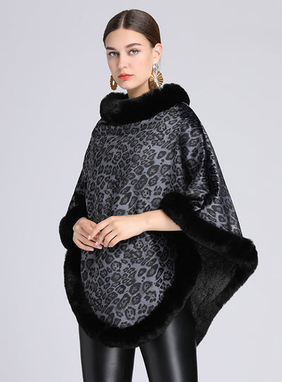 Fur-padded Fur Collar Cape Shawl Leopard-print Woolen Coat