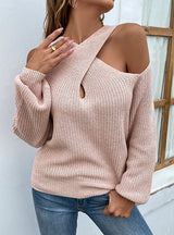 Solid Color Cross-neck Lantern Sleeve Sweater