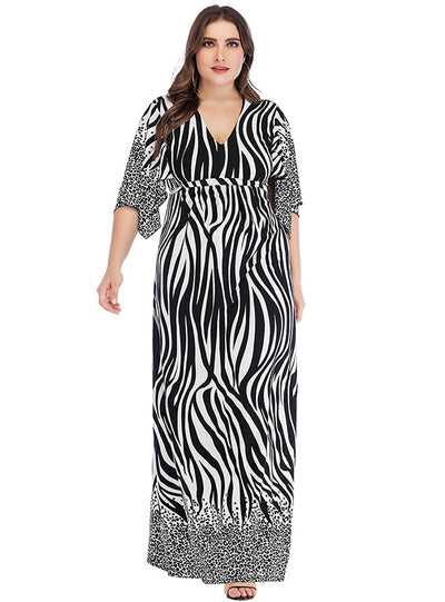 Printed V-neck Bat Sleeve Plus Dress