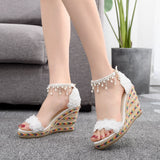 Lace Beaded Fishmouth Wedge Sandals