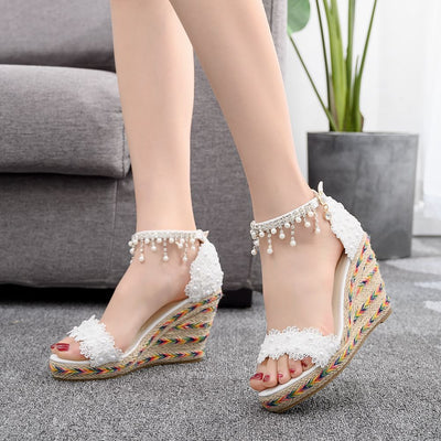 Lace Beaded Fishmouth Wedge Sandals