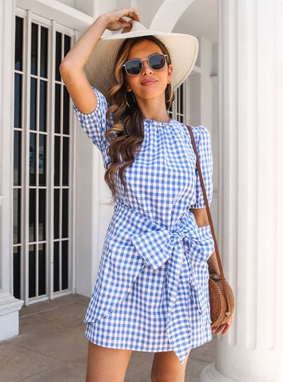 Plaid Knotted Lantern Sleeve Dress