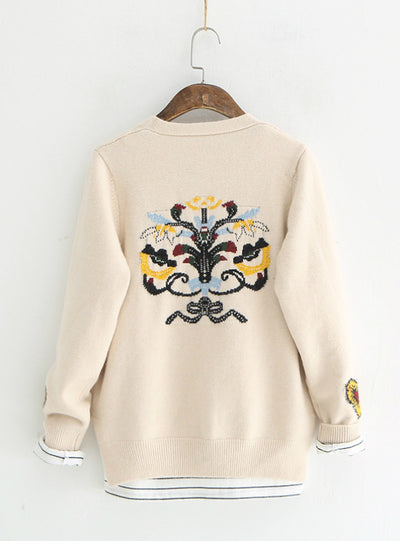 Knitted Cardigan V neck Back Flower Long Sleeve