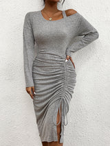 Pleated Hip Knit Long Sleeve Dress
