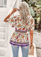 Retro V-neck Short Sleeve Printed Shirt