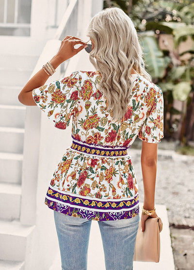 Retro V-neck Short Sleeve Printed Shirt