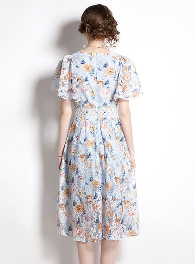 Lace Floral V-neck Short Sleeve Dress