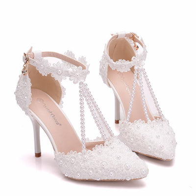 White Lace Flower Stiletto Pointed Wedding Shoes