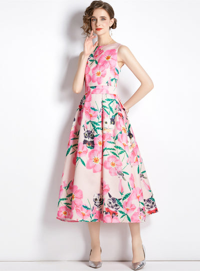Printed Sleeveless Big Swing Slim Dress