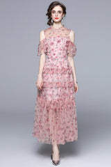 Short-sleeved Chiffon Floral Cake Dress