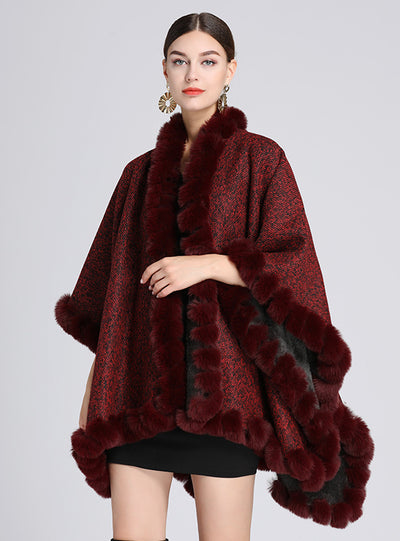 Rabbit Fur Collar Shawl Cape Loose Large Size Knitted Cardigan
