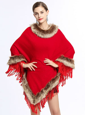 Fox Like Fur Collar Fringed Pullover Knitted Cape Shawl