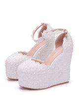 White Lace Wedges Pearl Wedding Shoes