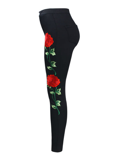 High Waist Black Embroidery Jeans Without Ripped