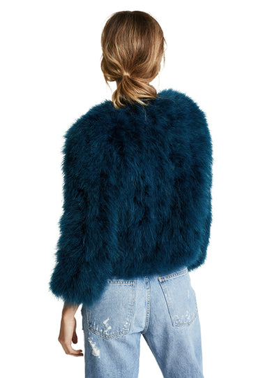 Blue Faux Fur Elegant Women Coats Covered Button 